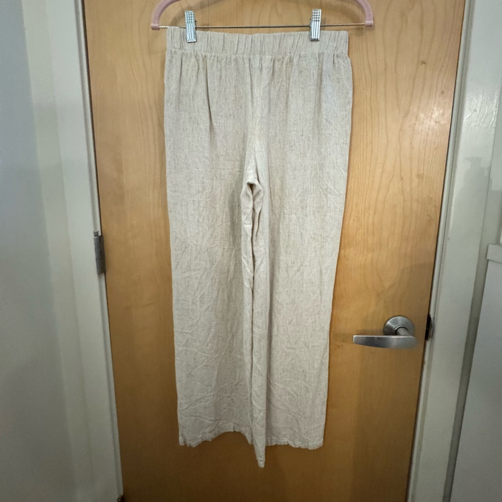 Beige Wide-Leg Linen Pants